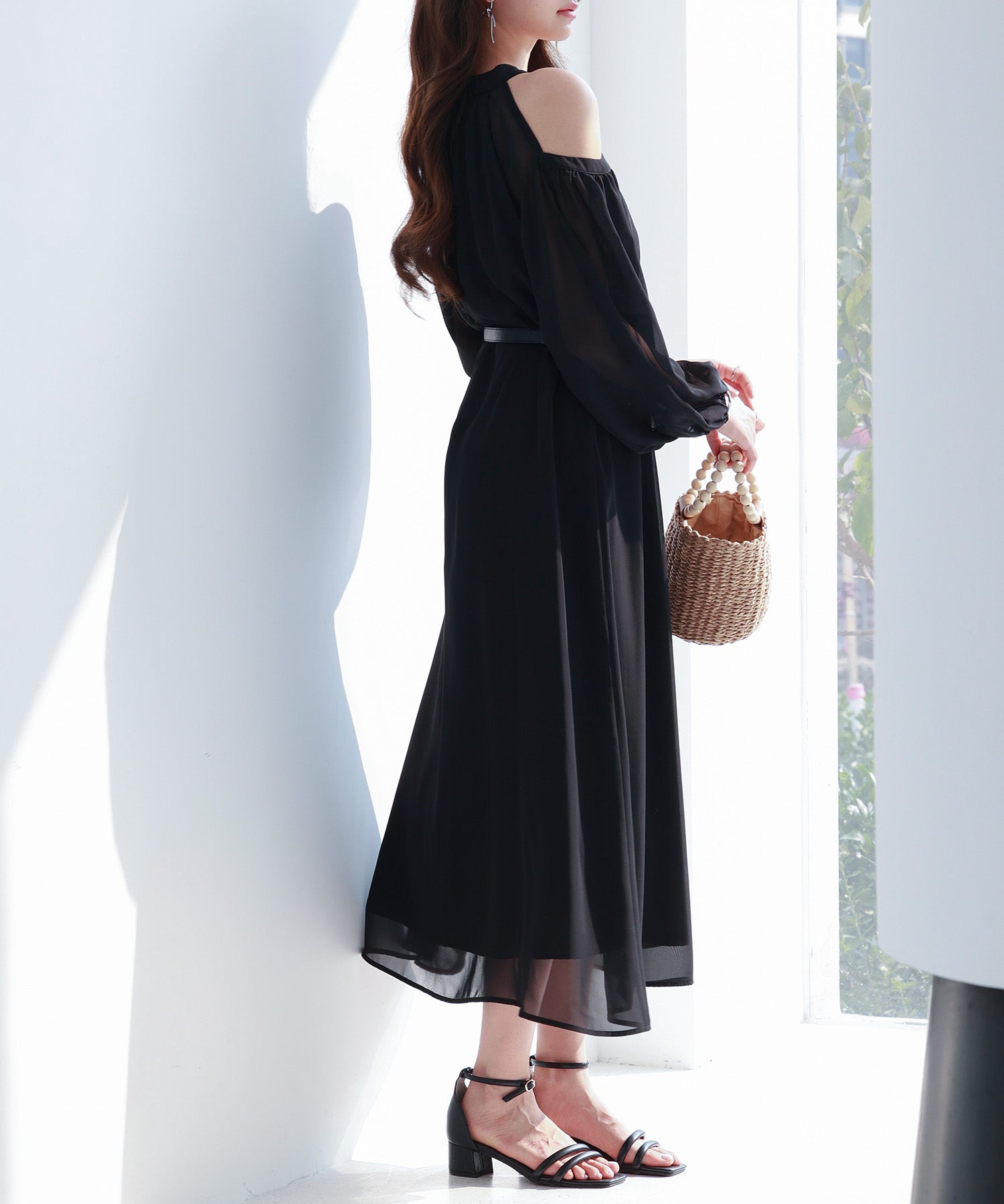 ベルト付きシフォン生地ワンピースsdp0270 ブラック