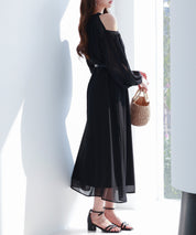 ベルト付きシフォン生地ワンピースsdp0270 ブラック