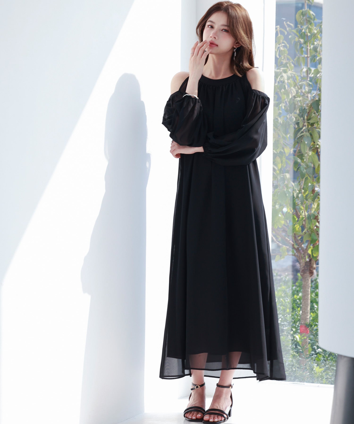 ベルト付きシフォン生地ワンピースsdp0270 ブラック