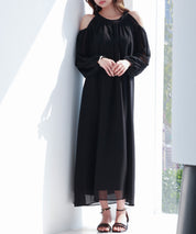 ベルト付きシフォン生地ワンピースsdp0270 ブラック