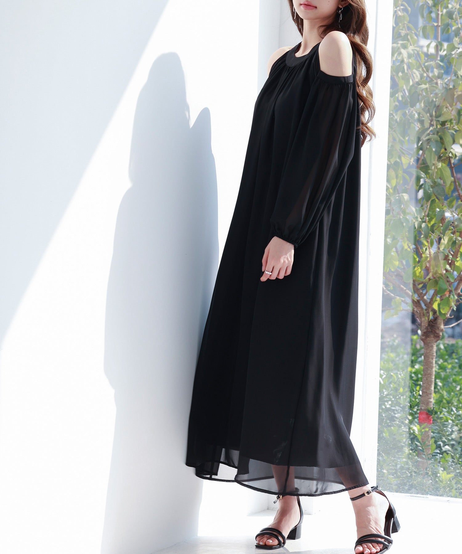 ベルト付きシフォン生地ワンピースsdp0270 ブラック
