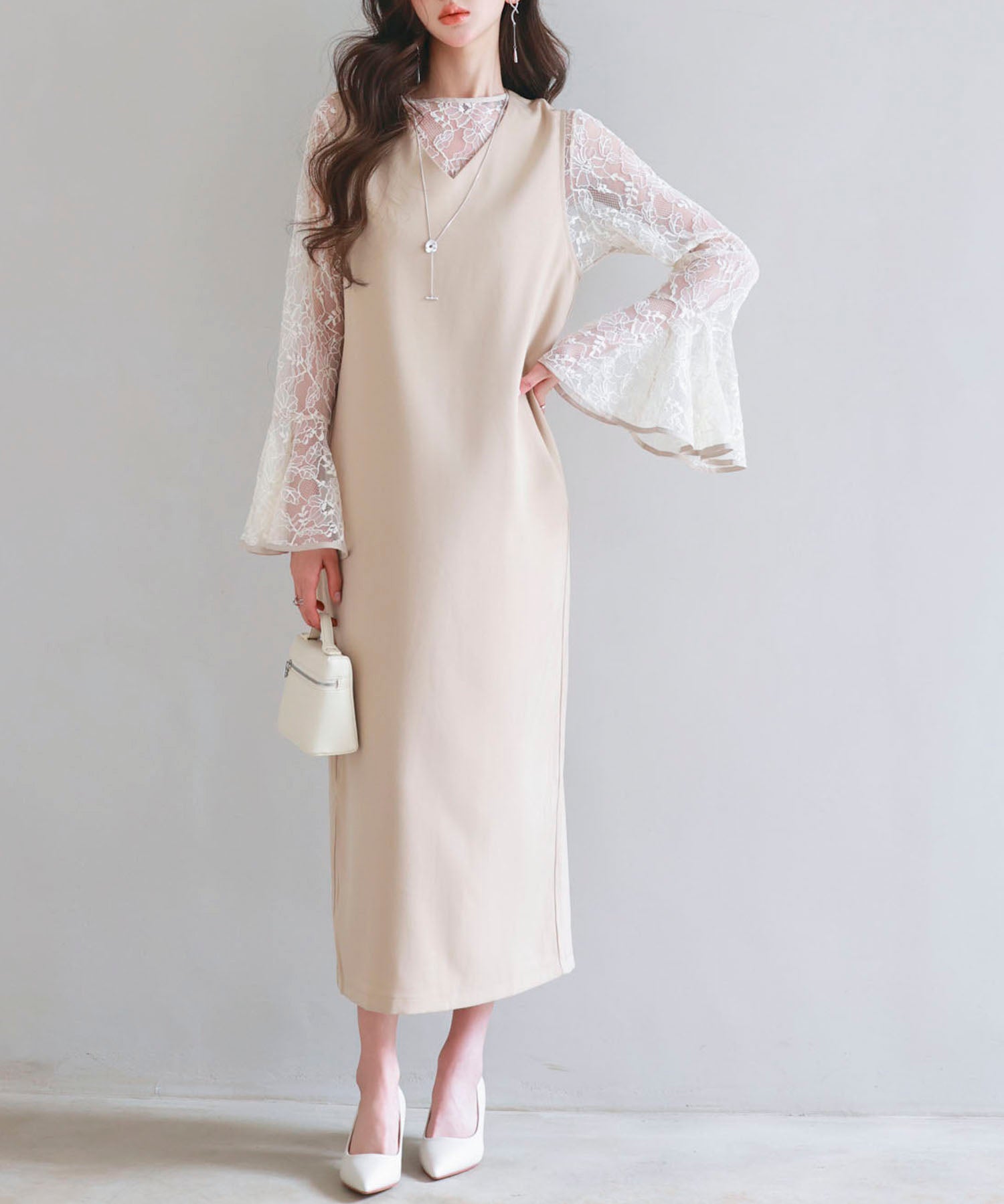 総レースブラウスとワンピースの2点セットsdp0271 ベージュ