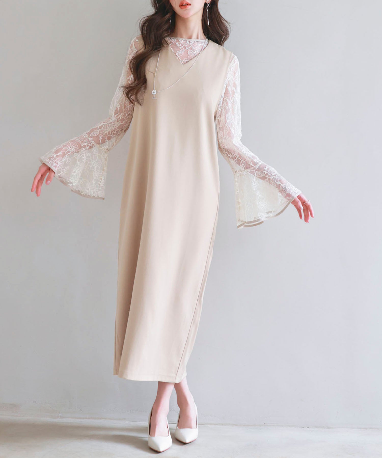 総レースブラウスとワンピースの2点セットsdp0271 ベージュ