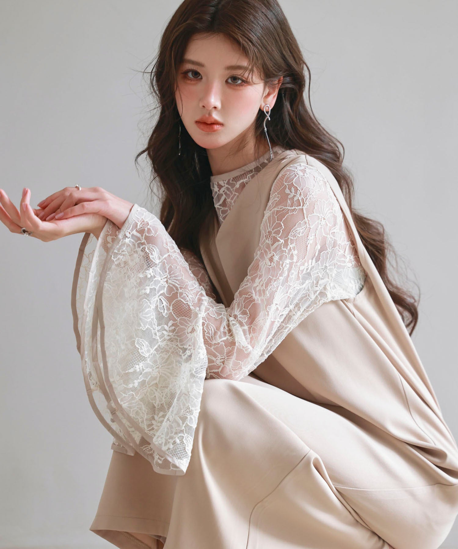 総レースブラウスとワンピースの2点セットsdp0271 ベージュ