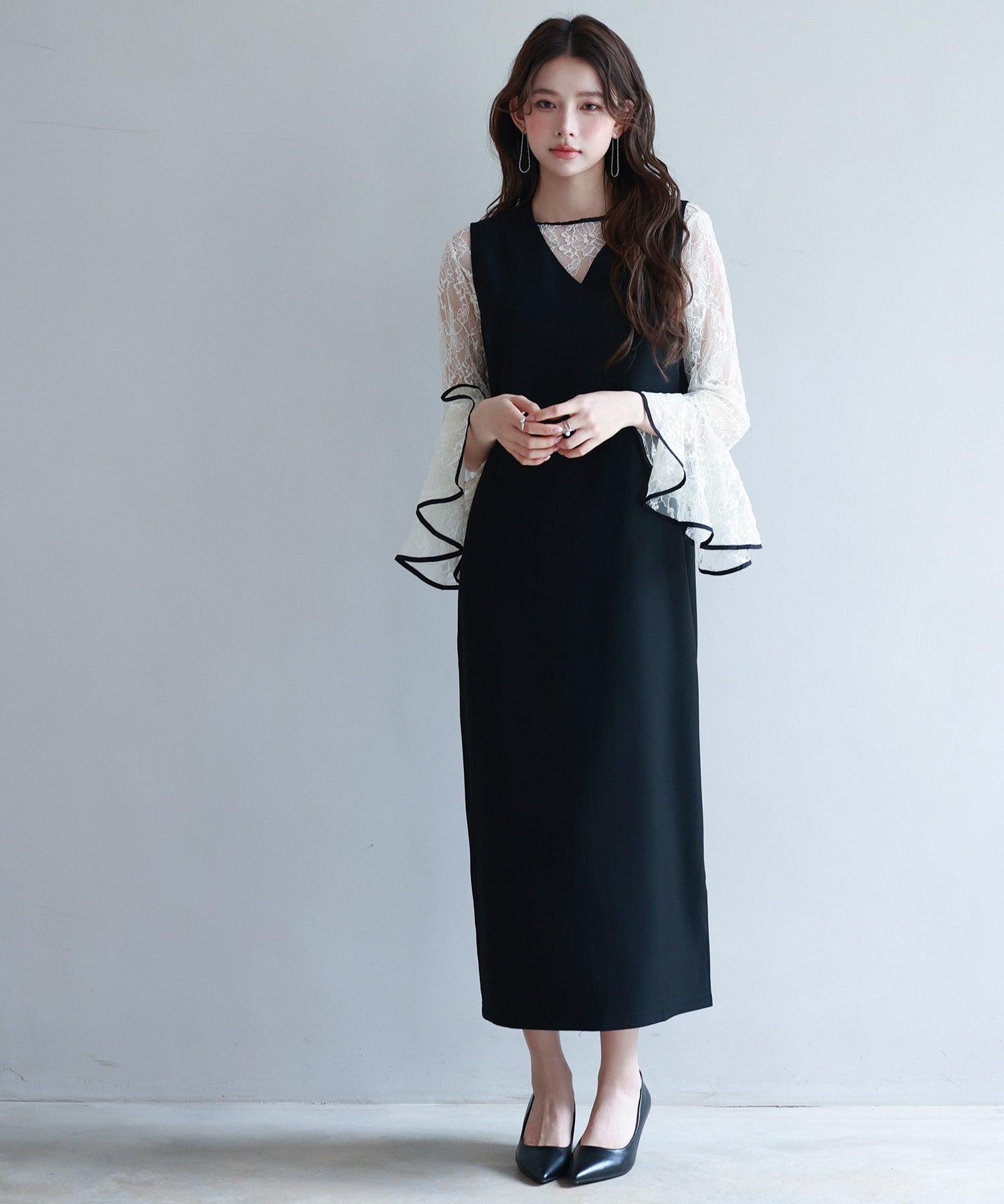 総レースブラウスとワンピースの2点セットsdp0271 ブラック