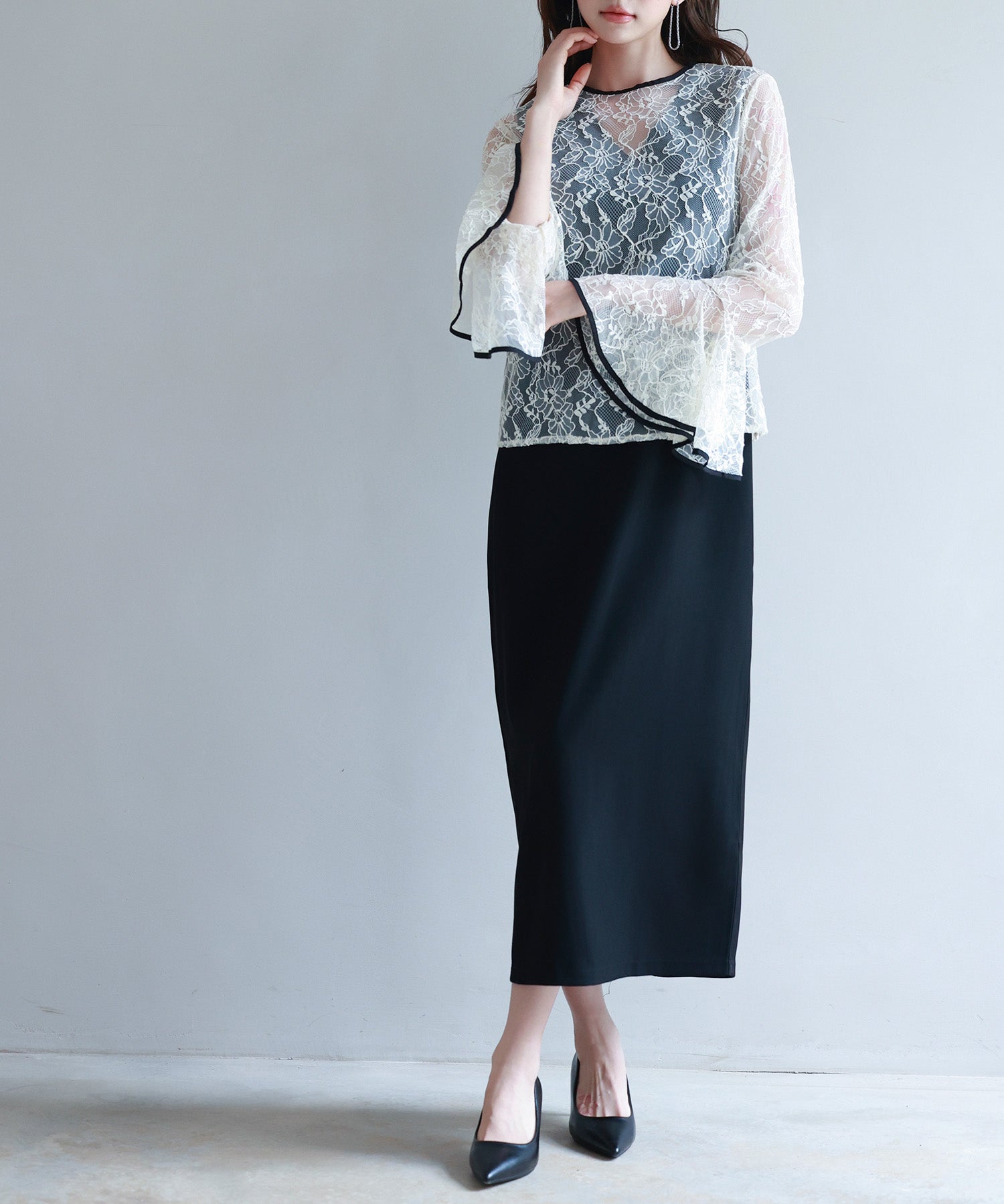 総レースブラウスとワンピースの2点セットsdp0271 ブラック