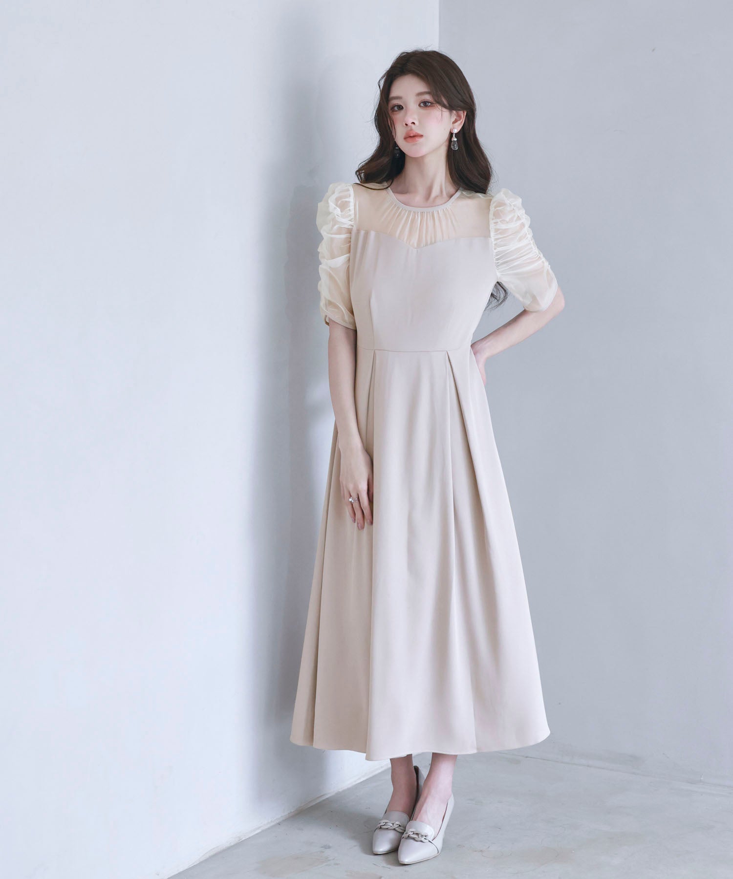 異素材ドッキングビスチェ風ワンピースsdp0272 ベージュ