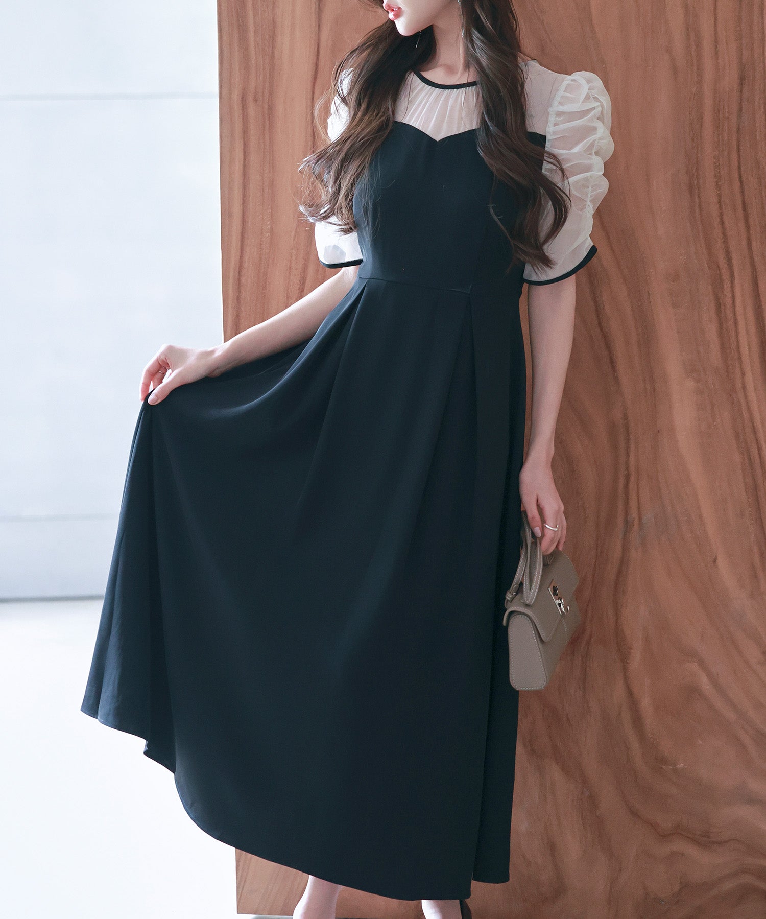 異素材ドッキングビスチェ風ワンピースsdp0272 ブラック