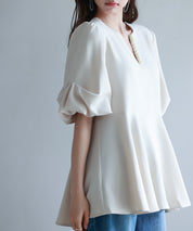 パール付きキーネックブラウスsdp0275 ベージュ