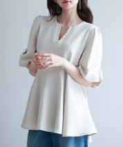 パール付きキーネックブラウスsdp0275 ベージュ