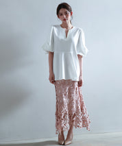 パール付きキーネックブラウスsdp0275 ホワイト