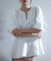 パール付きキーネックブラウスsdp0275 ホワイト