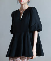 パール付きキーネックブラウスsdp0275 ブラック