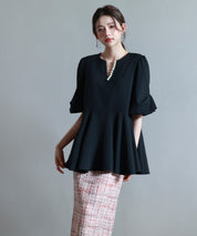 パール付きキーネックブラウスsdp0275 ブラック