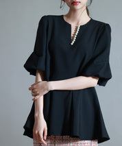 パール付きキーネックブラウスsdp0275 ブラック