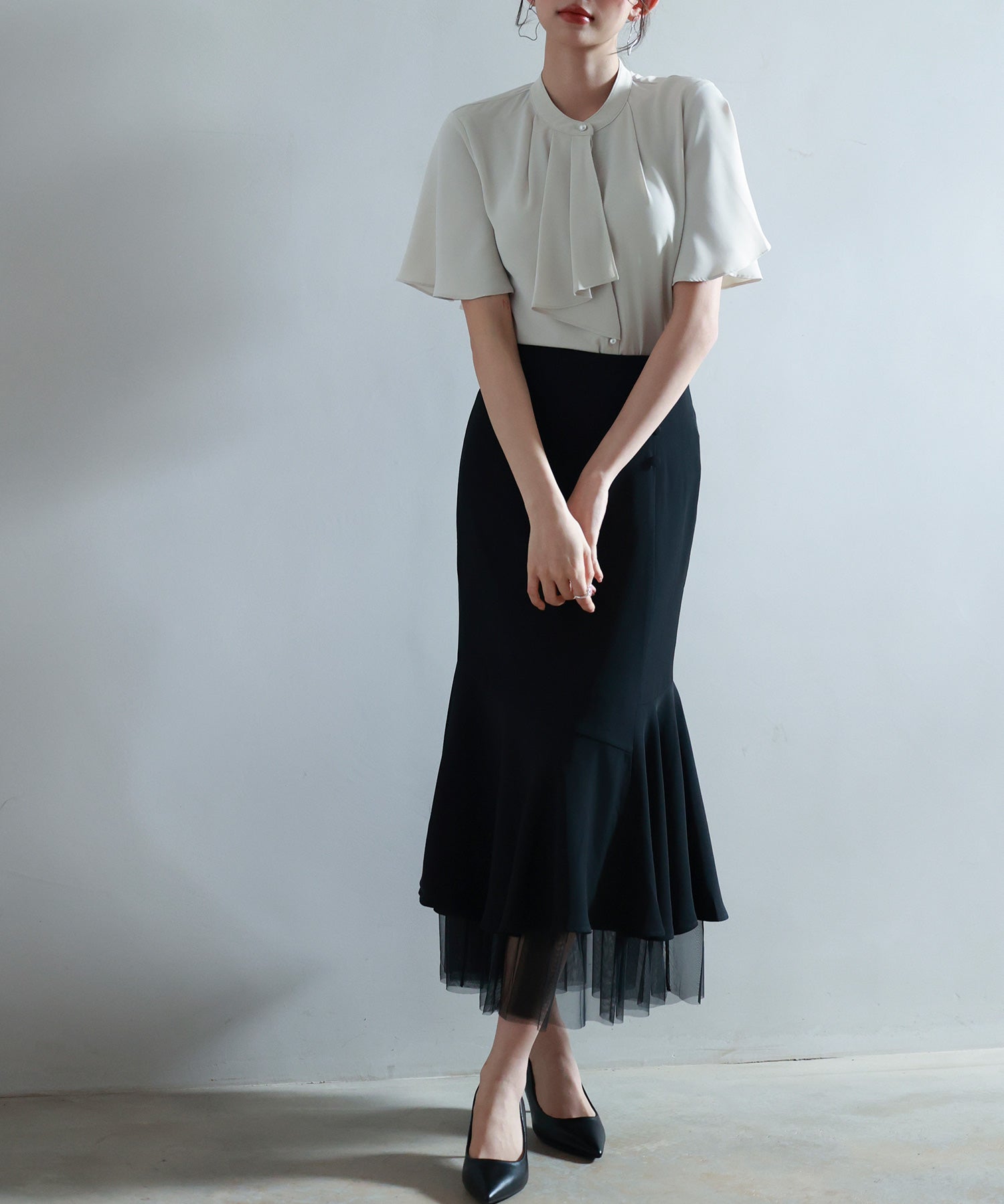 ボウタイネックフレアスリーブブラウスsdp0276 ベージュ