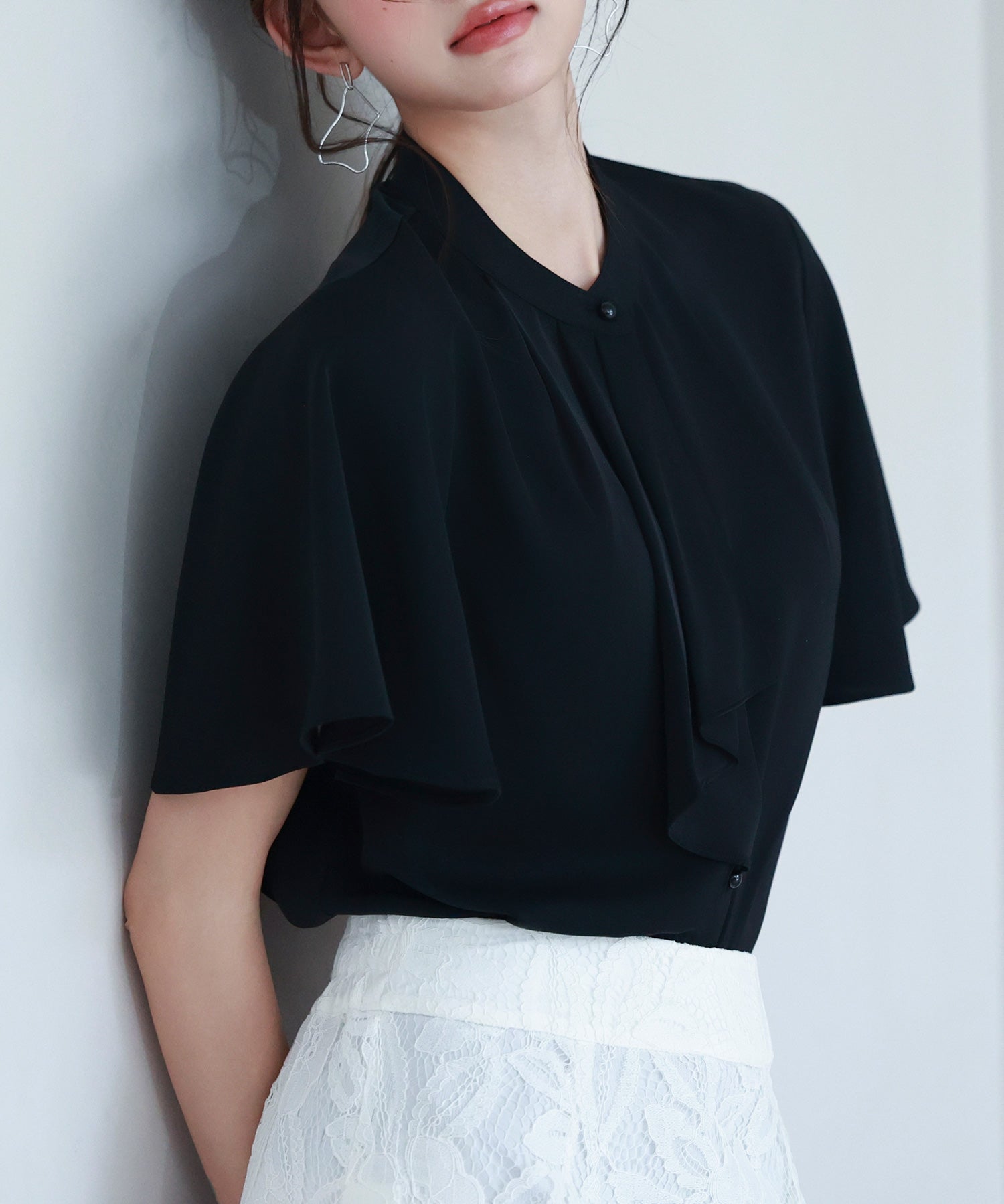 ボウタイネックフレアスリーブブラウスsdp0276 ブラック