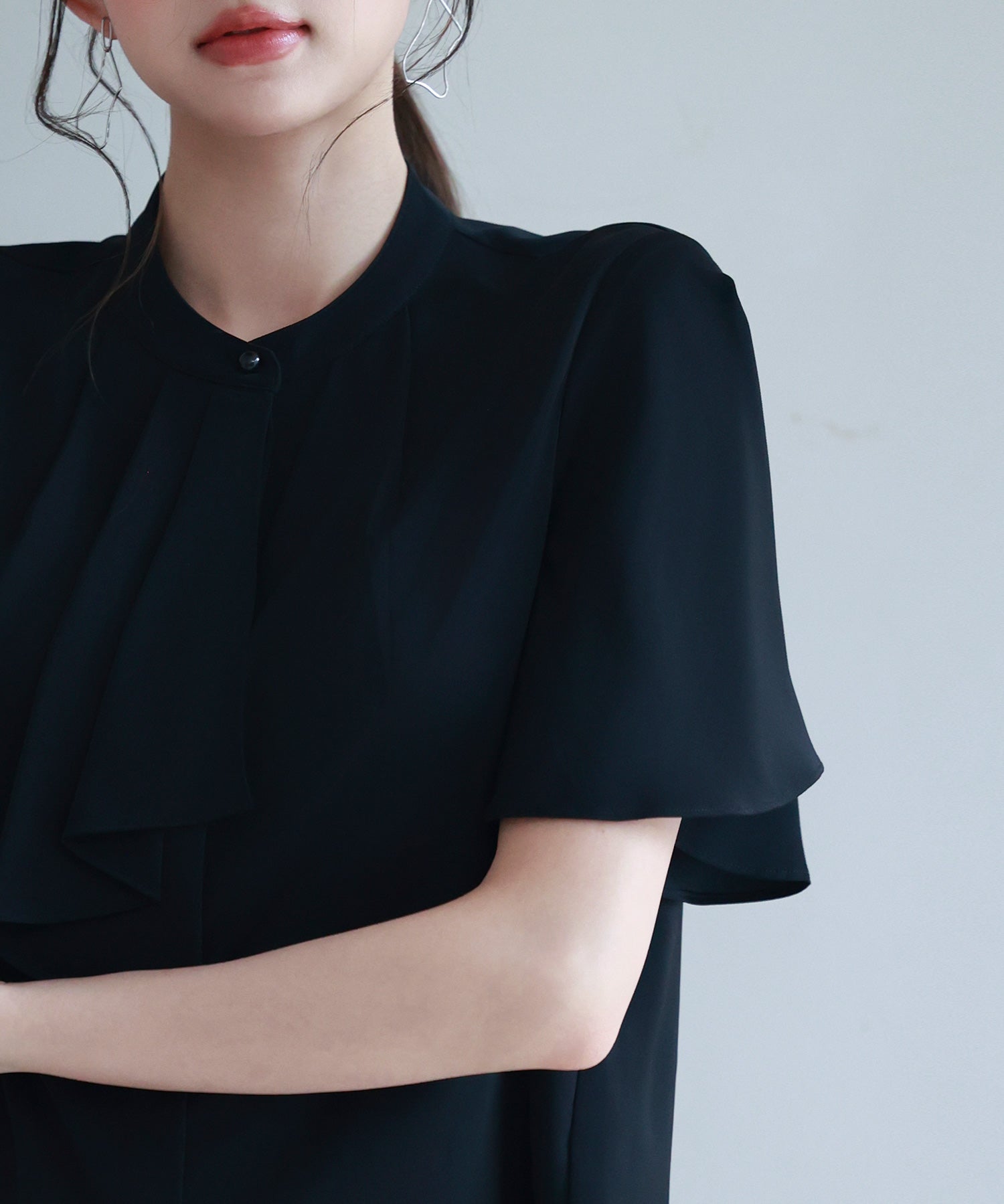 ボウタイネックフレアスリーブブラウスsdp0276 ブラック