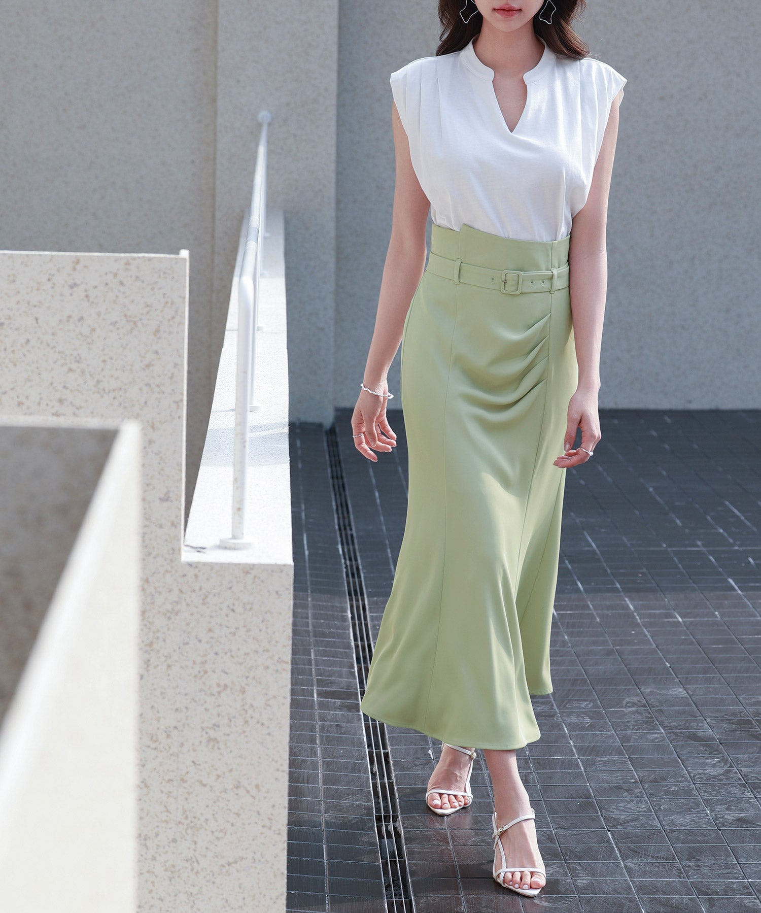 ベルト付きタックドレープスカートsdp0277 グリーン
