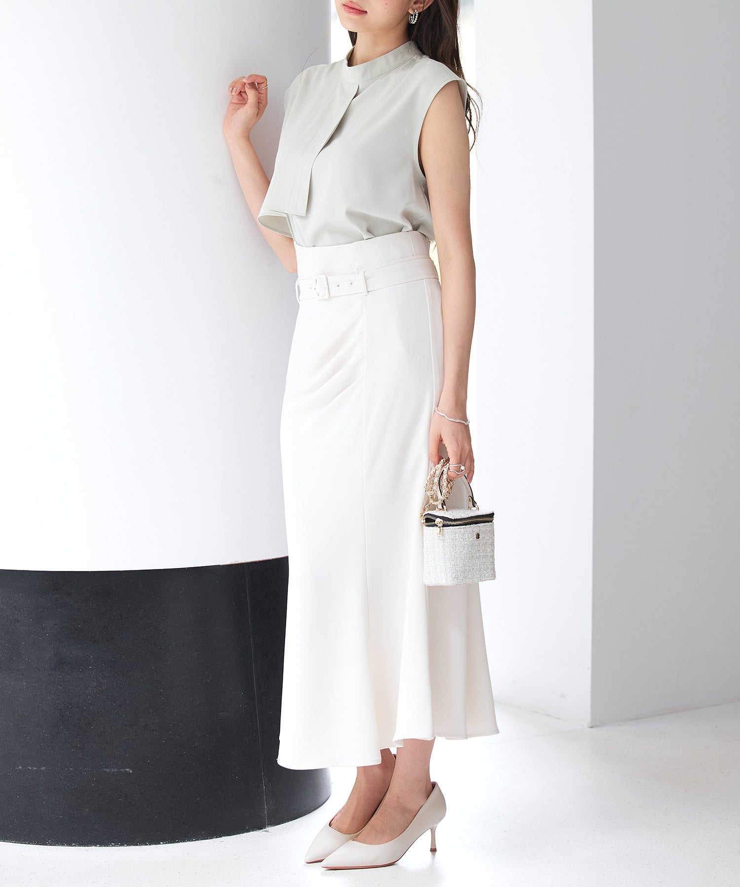ベルト付きタックドレープスカートsdp0277 アイボリー