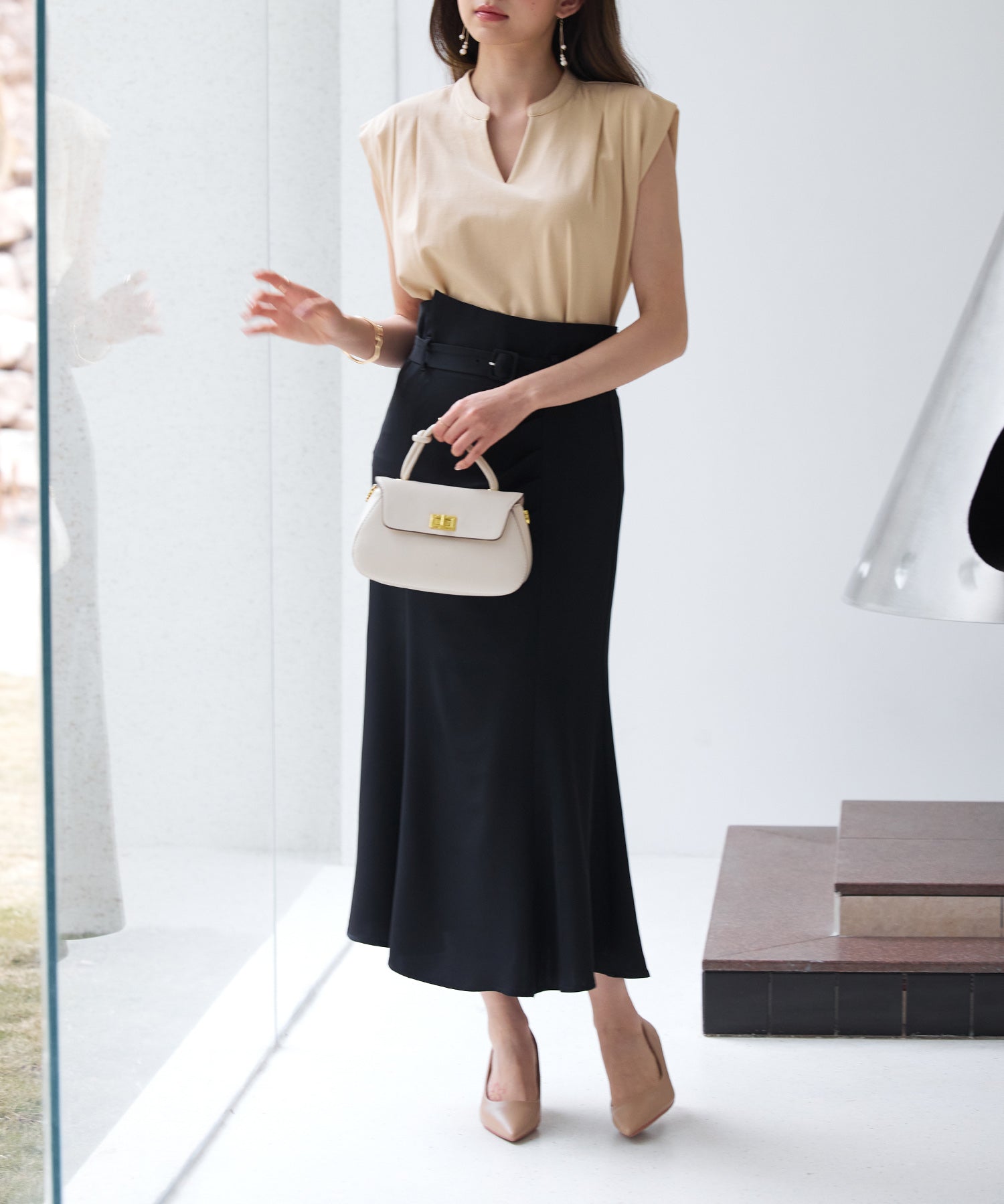 ベルト付きタックドレープスカートsdp0277 ブラック