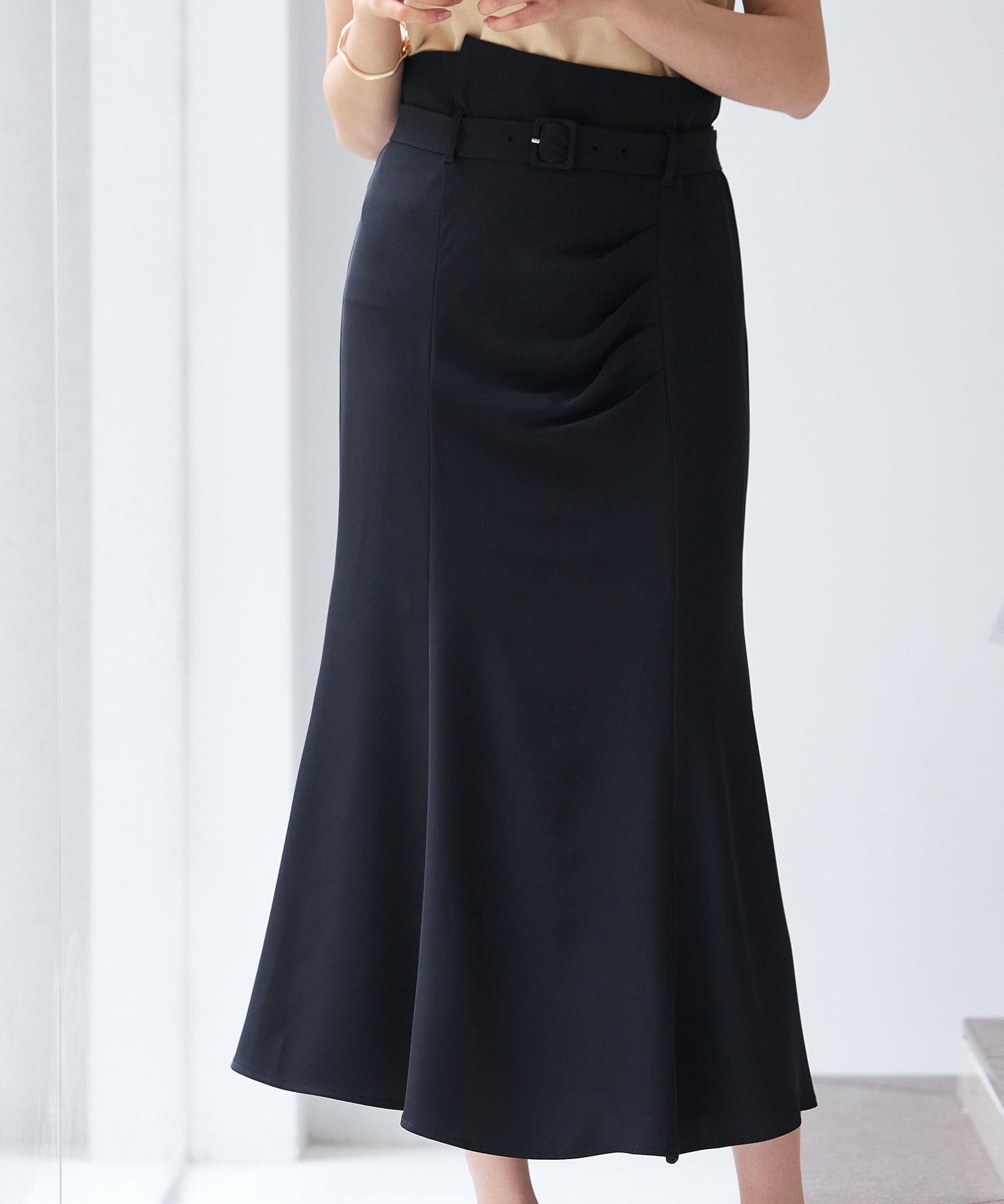 ベルト付きタックドレープスカートsdp0277 ブラック