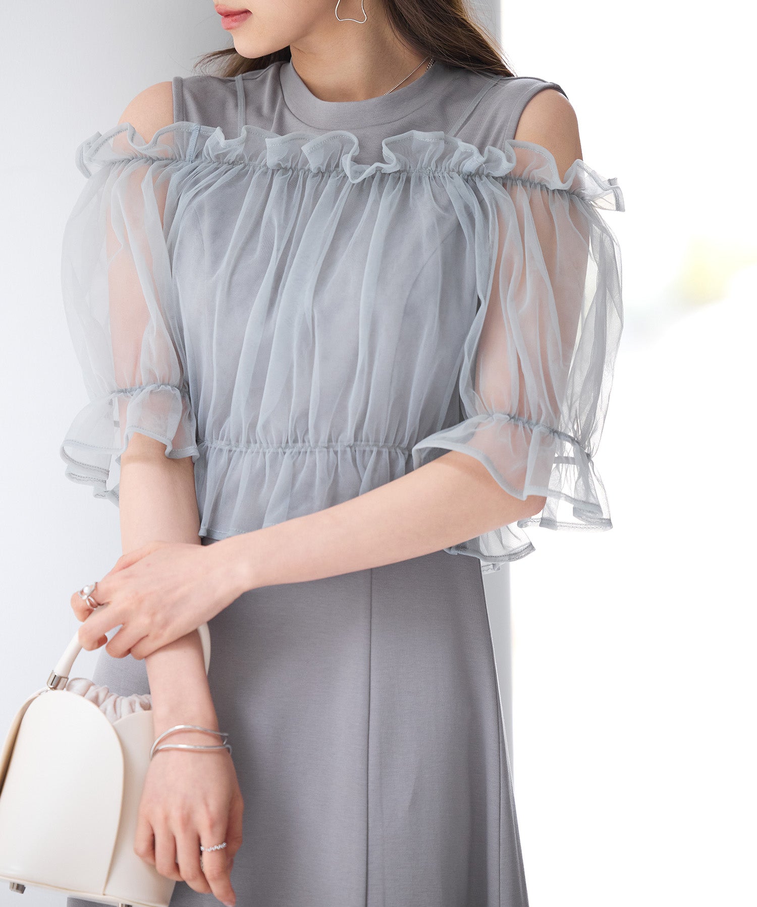 チュールビスチェとカットソーワンピースの2点セットsdp0278 グレー