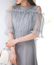 チュールビスチェとカットソーワンピースの2点セットsdp0278 グレー