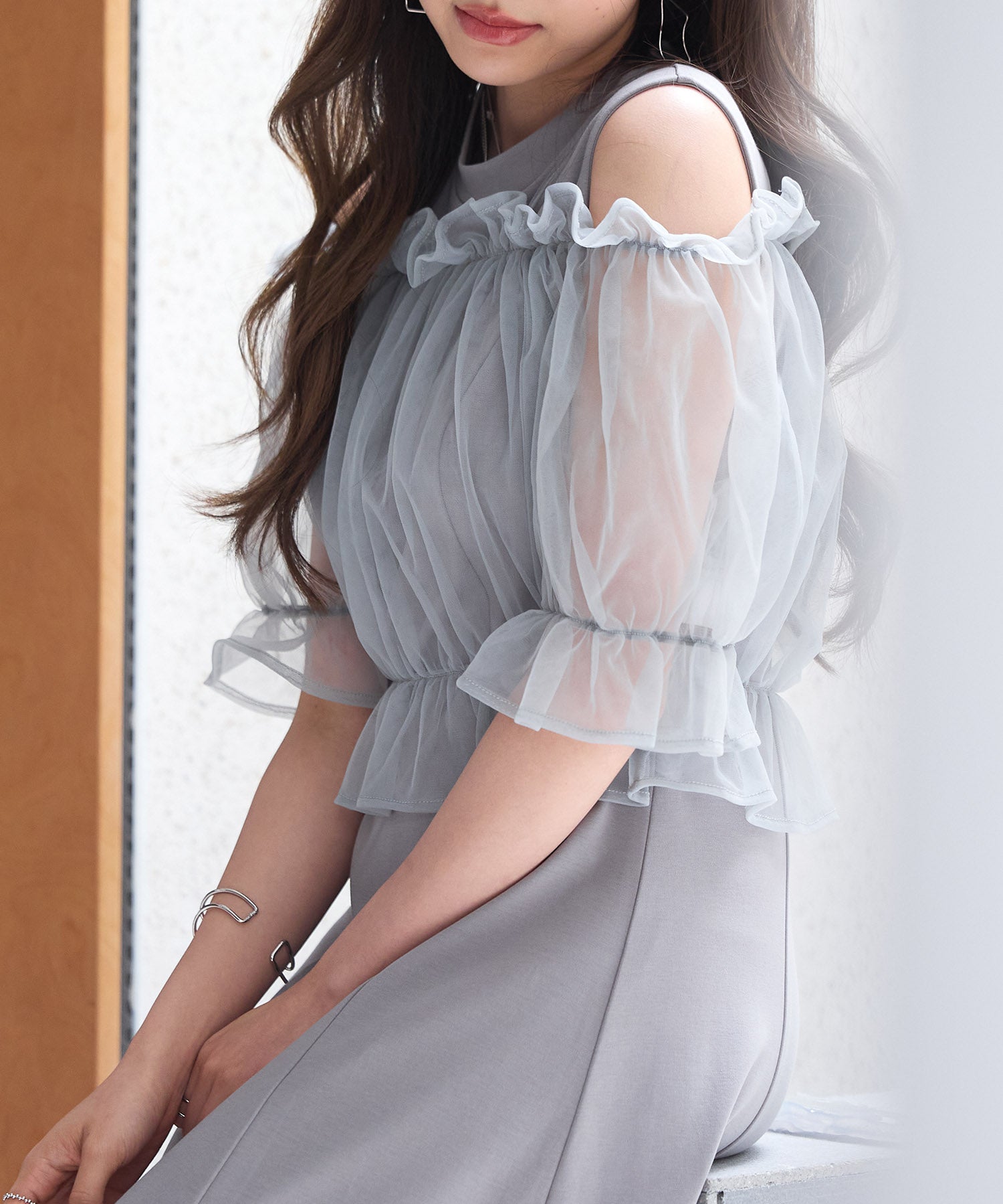 チュールビスチェとカットソーワンピースの2点セットsdp0278 グレー