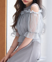 チュールビスチェとカットソーワンピースの2点セットsdp0278 グレー