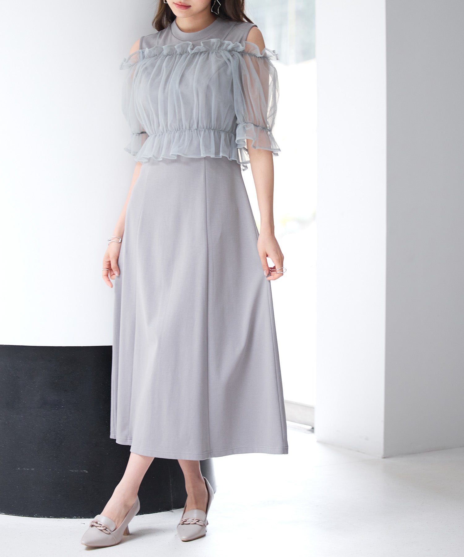 チュールビスチェとカットソーワンピースの2点セットsdp0278 グレー