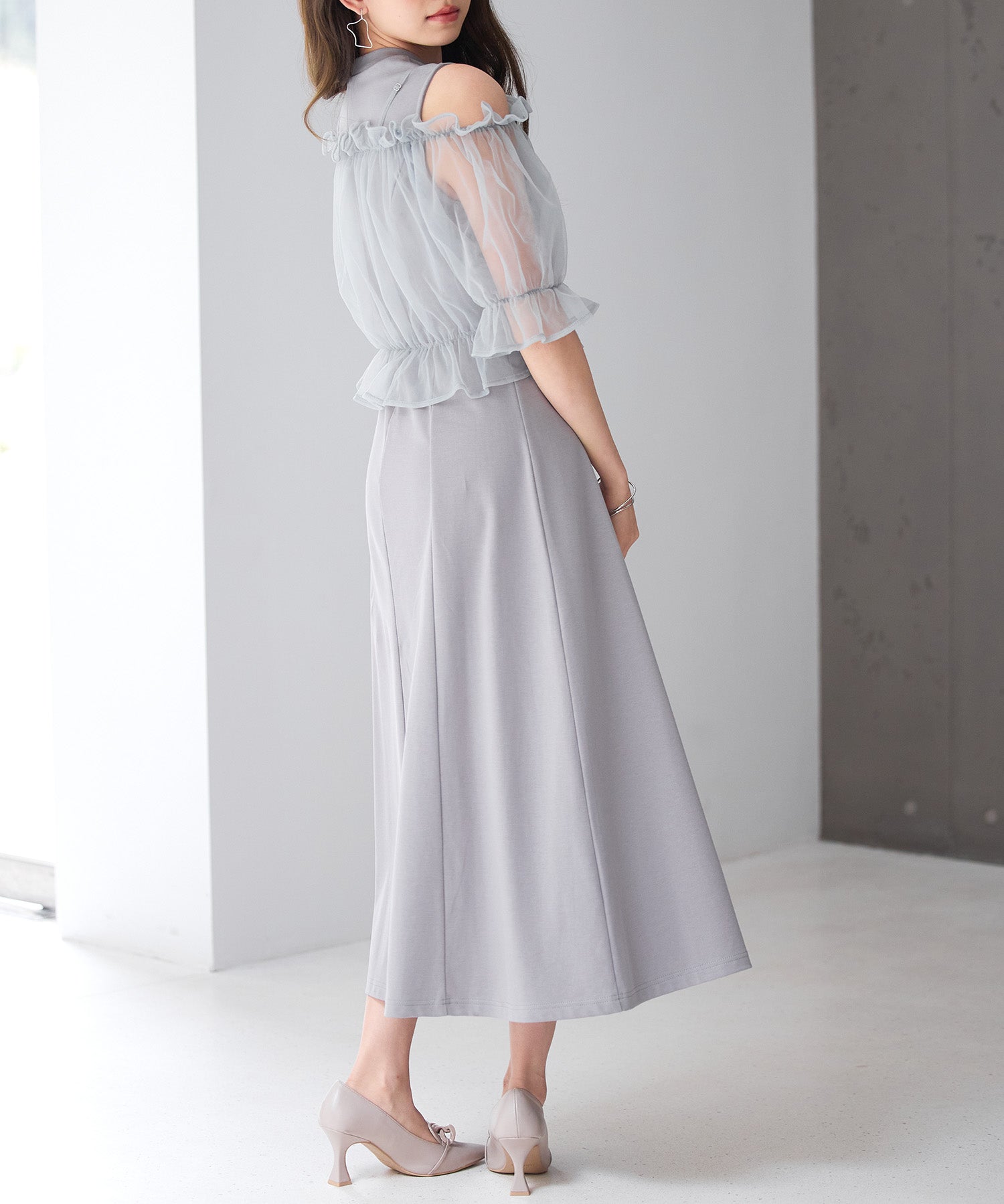 チュールビスチェとカットソーワンピースの2点セットsdp0278 グレー