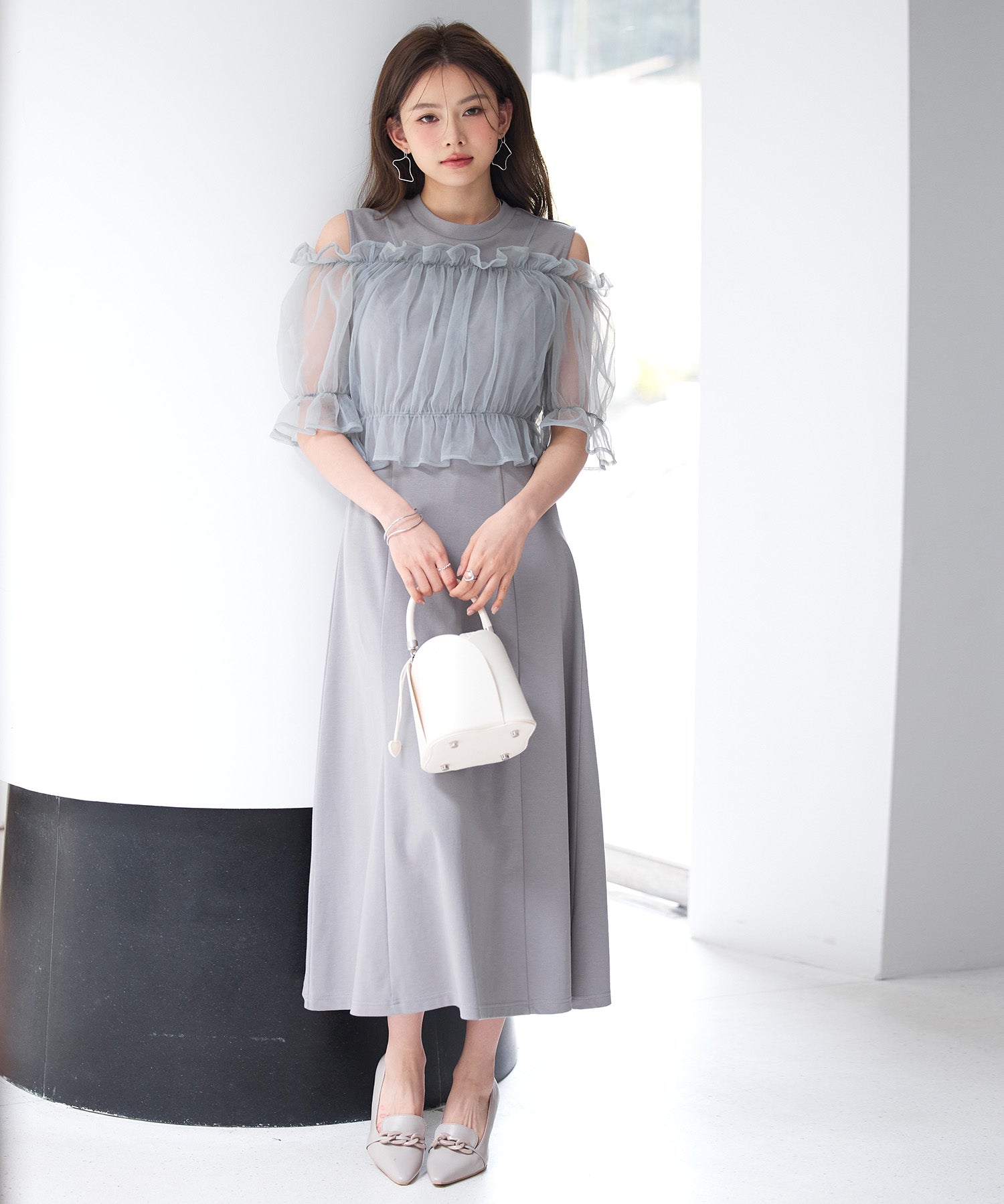 チュールビスチェとカットソーワンピースの2点セットsdp0278 グレー