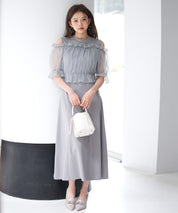 チュールビスチェとカットソーワンピースの2点セットsdp0278 グレー