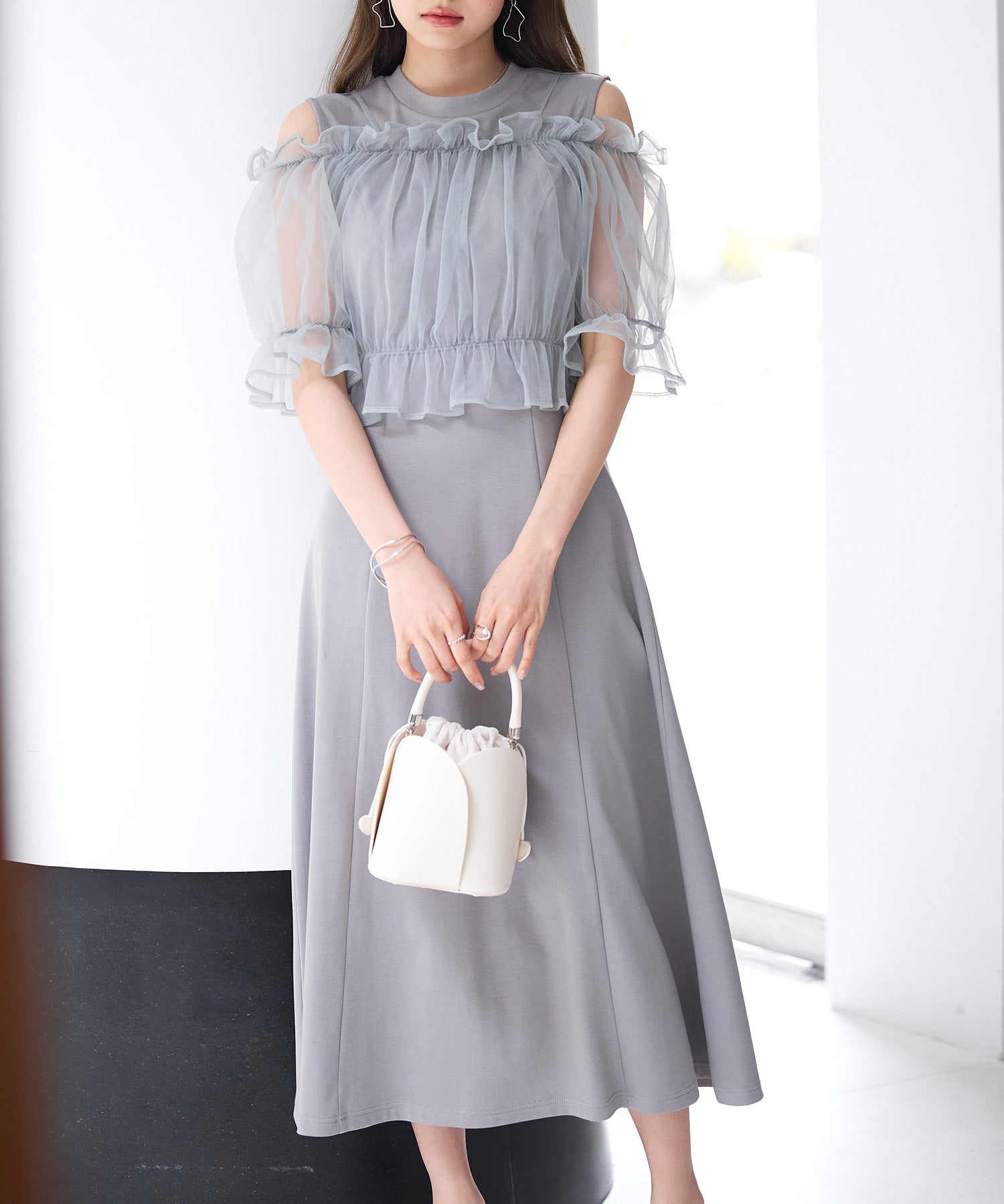 チュールビスチェとカットソーワンピースの2点セットsdp0278 グレー