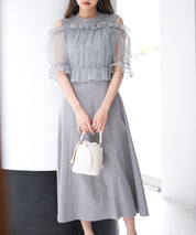 チュールビスチェとカットソーワンピースの2点セットsdp0278 グレー