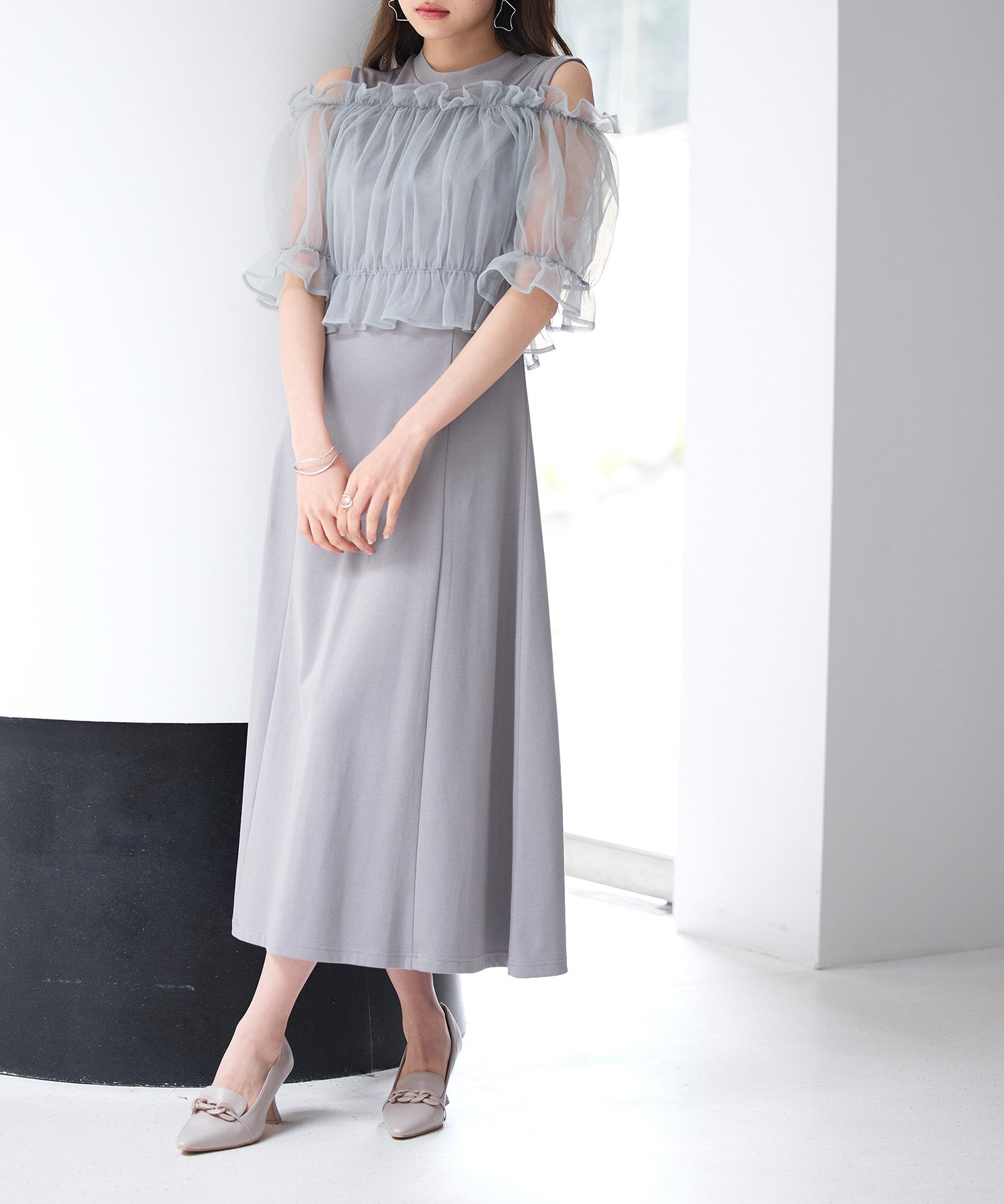チュールビスチェとカットソーワンピースの2点セットsdp0278 グレー