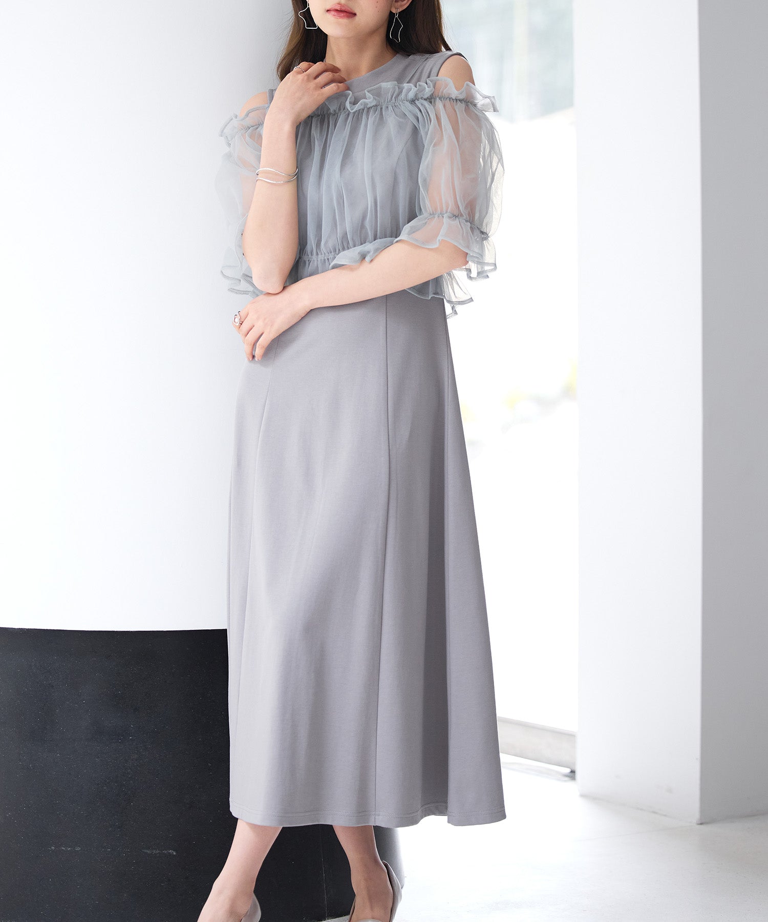 チュールビスチェとカットソーワンピースの2点セットsdp0278 グレー