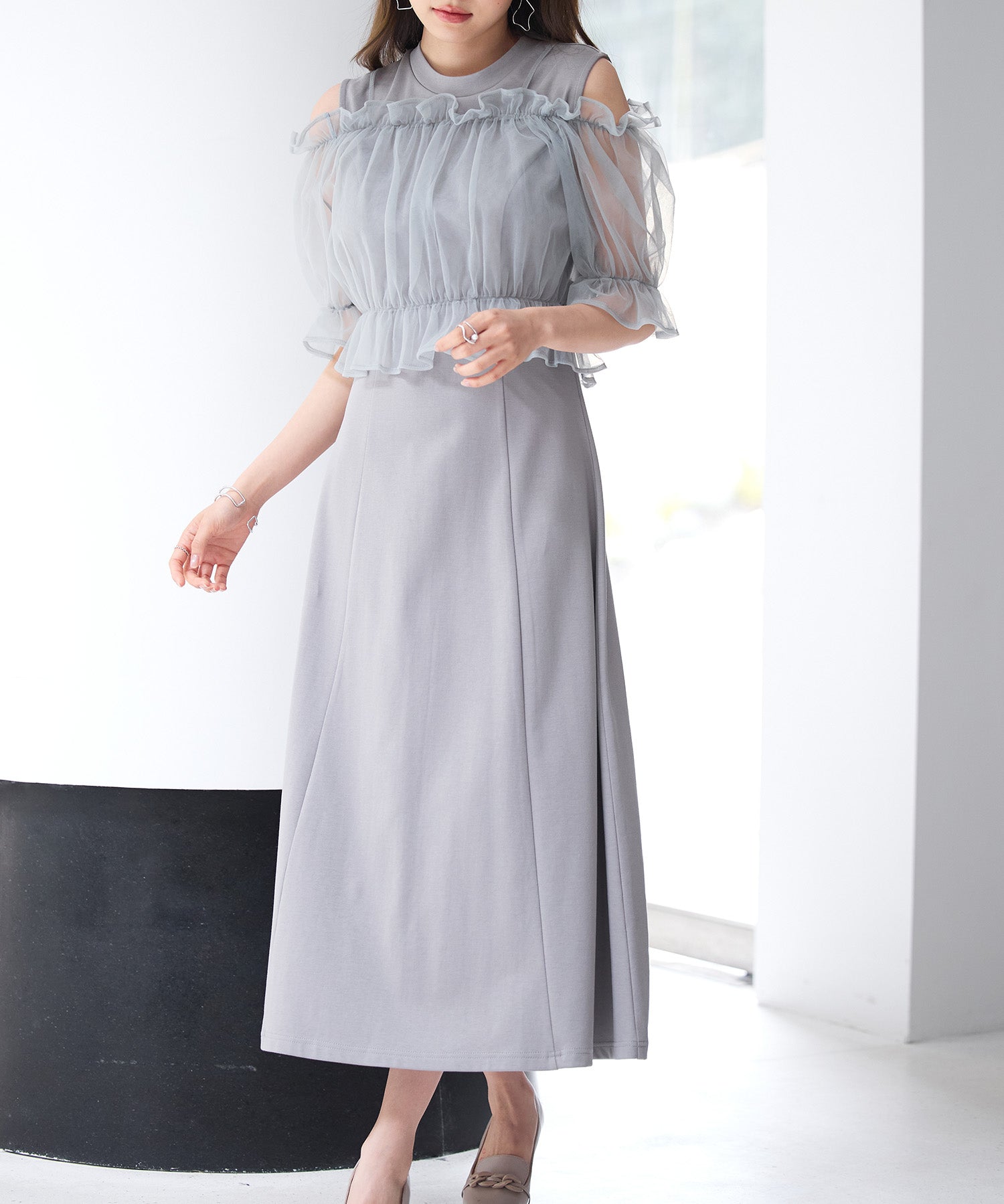 チュールビスチェとカットソーワンピースの2点セットsdp0278 グレー