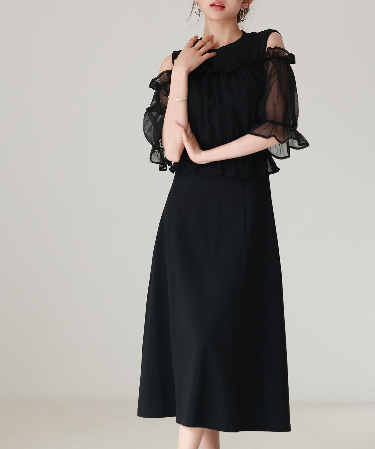 チュールビスチェとカットソーワンピースの2点セットsdp0278 ブラック