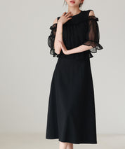 チュールビスチェとカットソーワンピースの2点セットsdp0278 ブラック