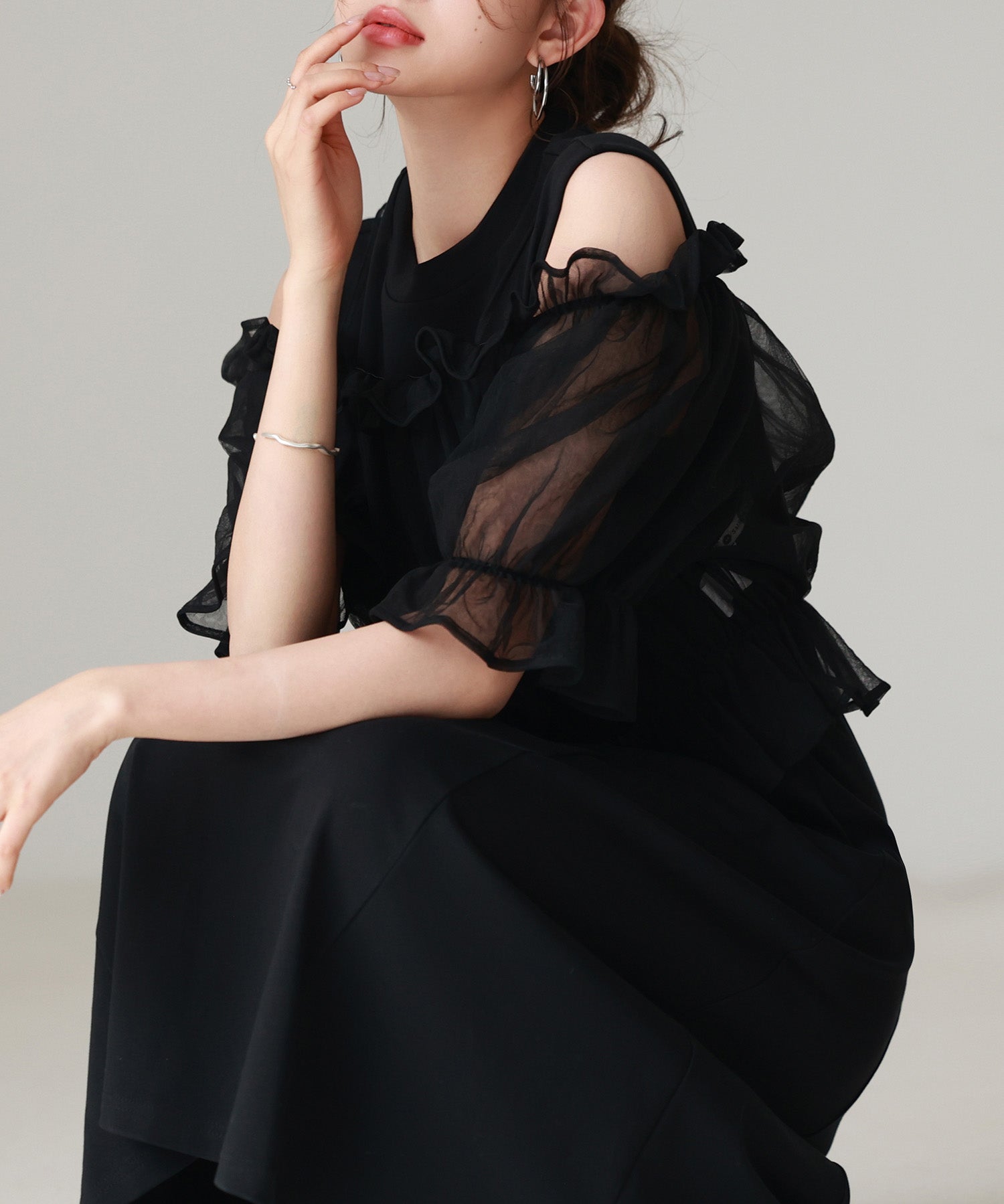 チュールビスチェとカットソーワンピースの2点セットsdp0278 ブラック