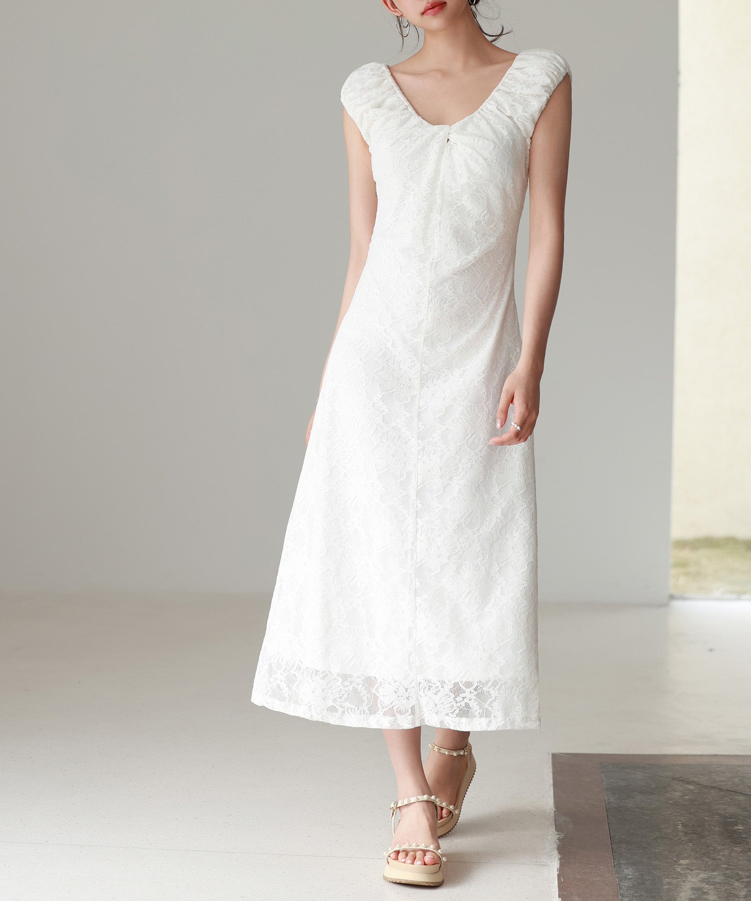 Aラインミモレ丈総レースワンピースsdp0279-102-1