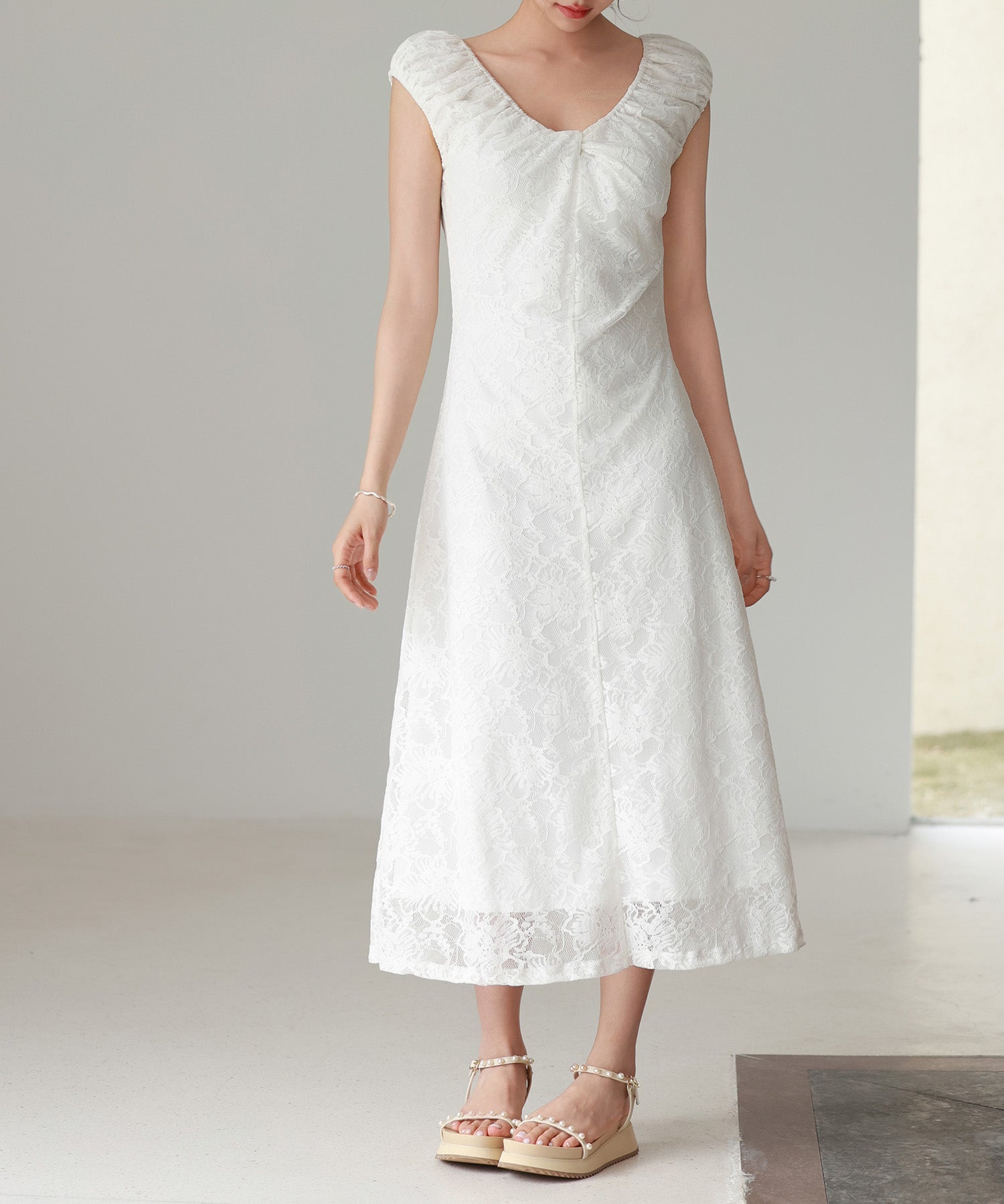 Aラインミモレ丈総レースワンピースsdp0279 ホワイト