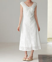 Aラインミモレ丈総レースワンピースsdp0279 ホワイト