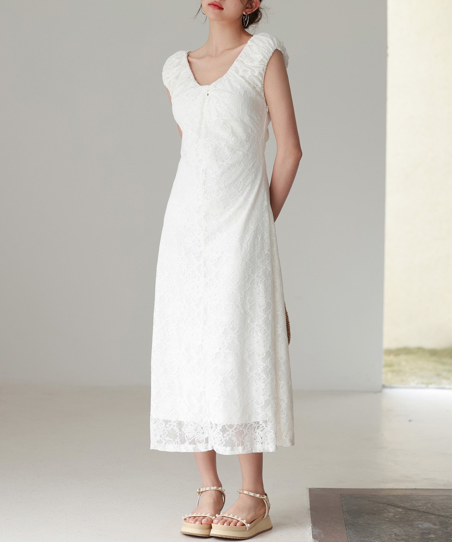 Aラインミモレ丈総レースワンピースsdp0279 ホワイト