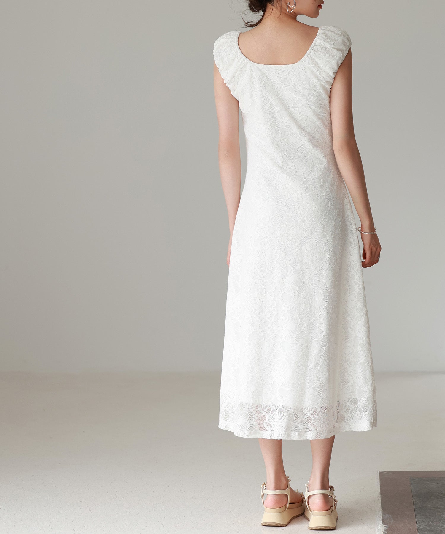 Aラインミモレ丈総レースワンピースsdp0279 ホワイト