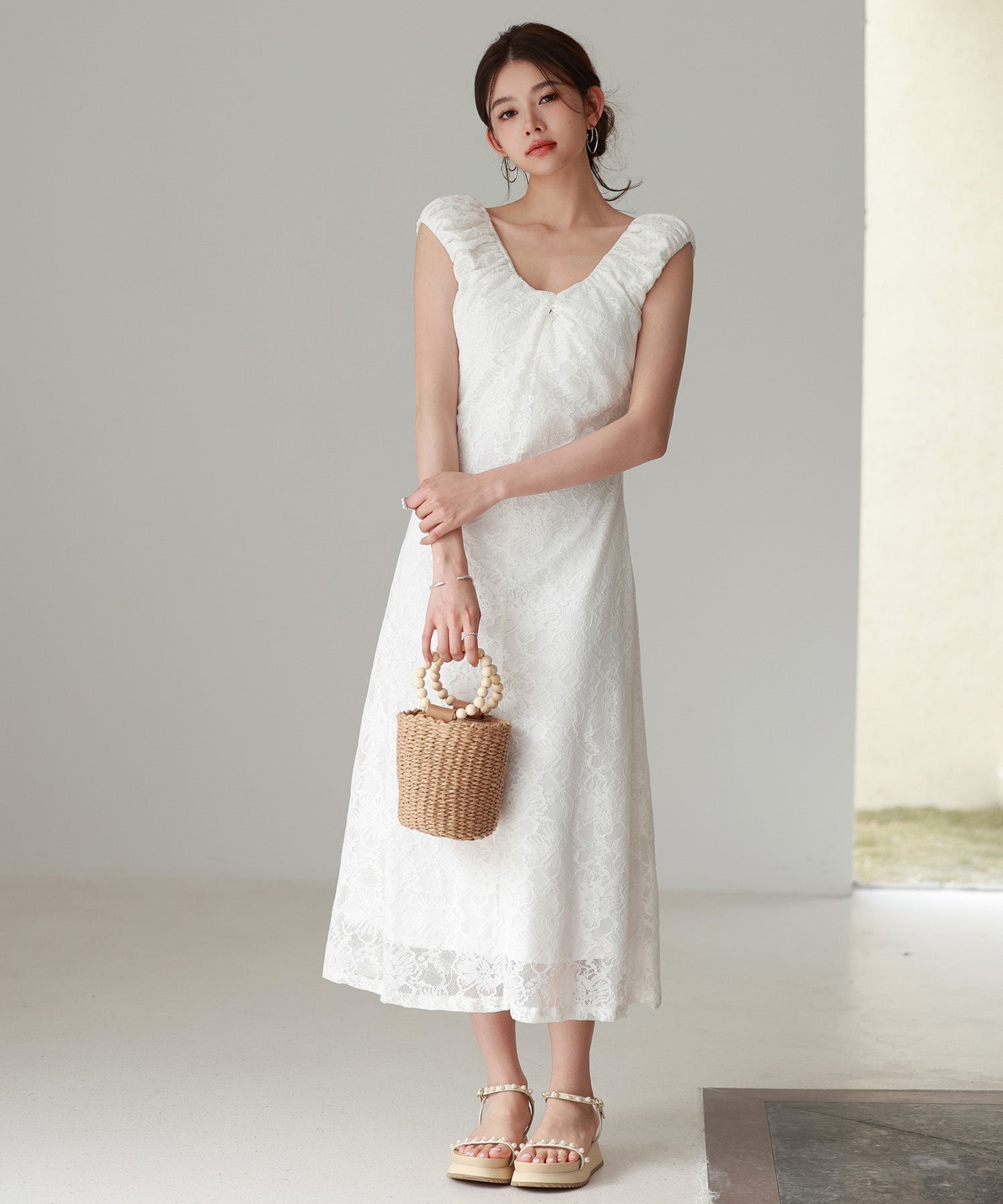 Aラインミモレ丈総レースワンピースsdp0279 ホワイト