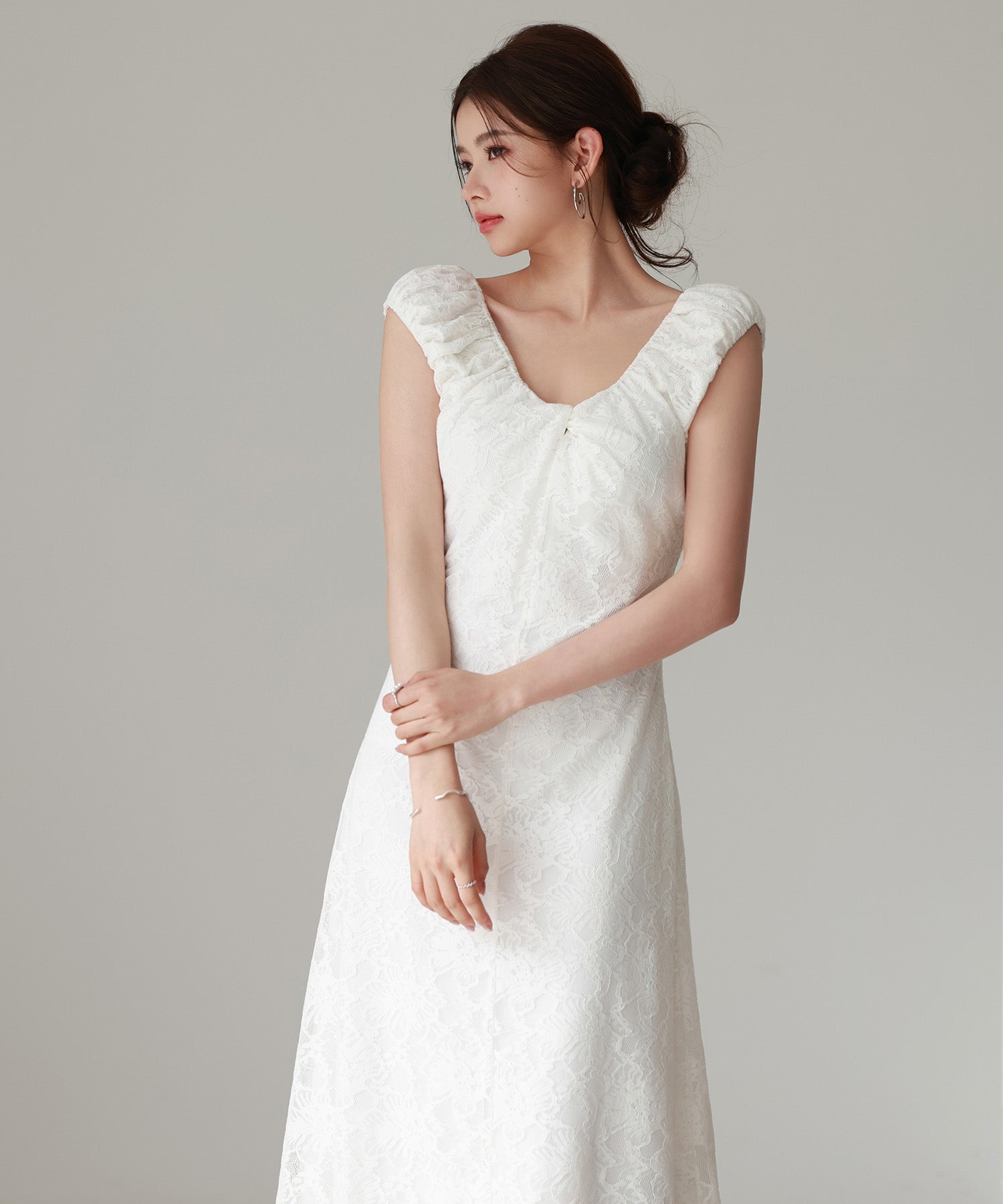 Aラインミモレ丈総レースワンピースsdp0279 ホワイト