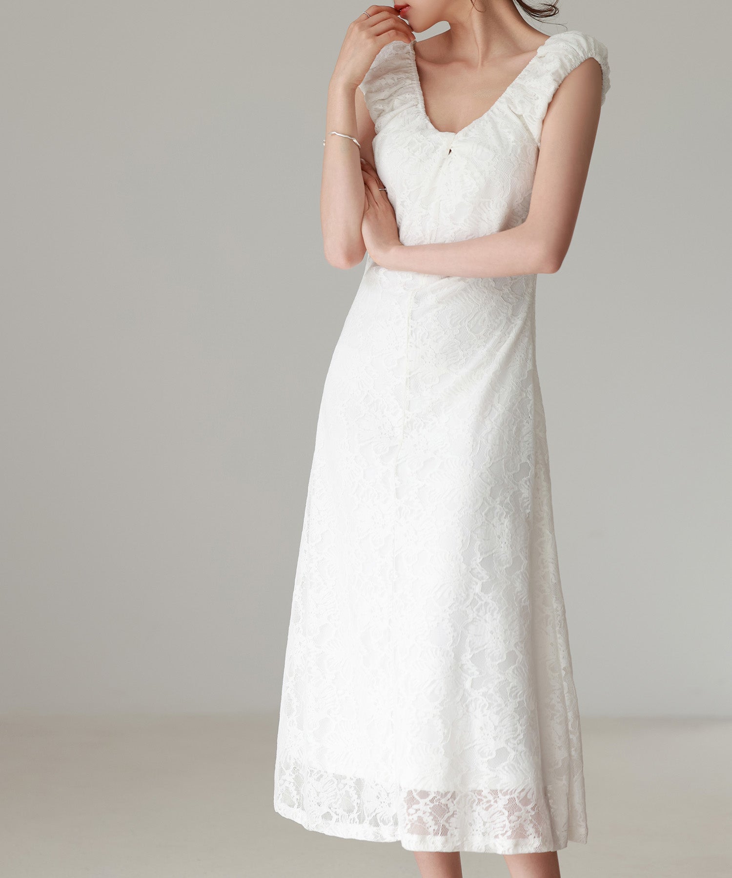 Aラインミモレ丈総レースワンピースsdp0279 ホワイト